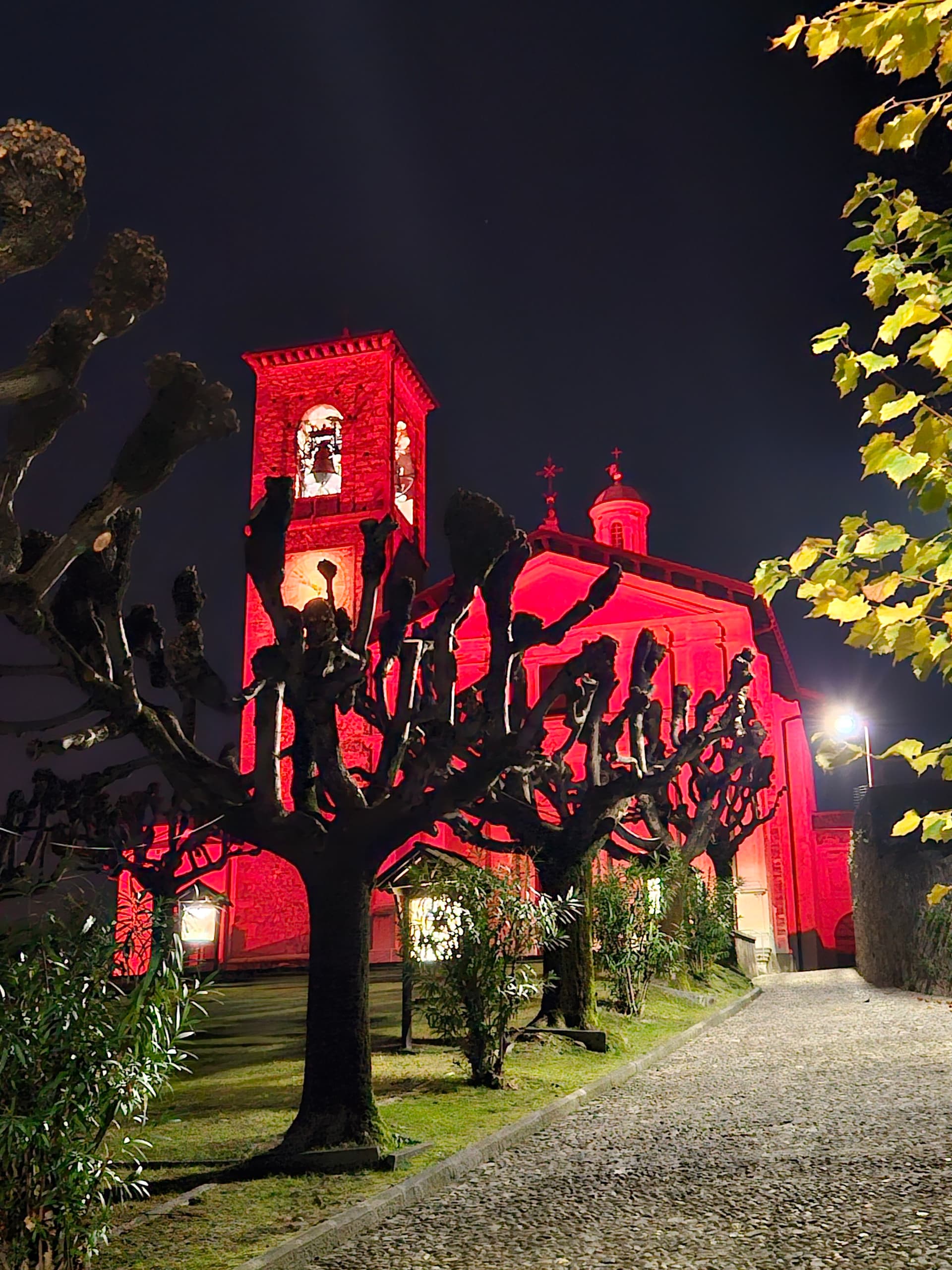 Uno sguardo retrospettivo alle immagini della RedWeek in Ticino, in Svizzera e nel mondo viale alberato lungo la salita verso il santuario illuminato di rosso