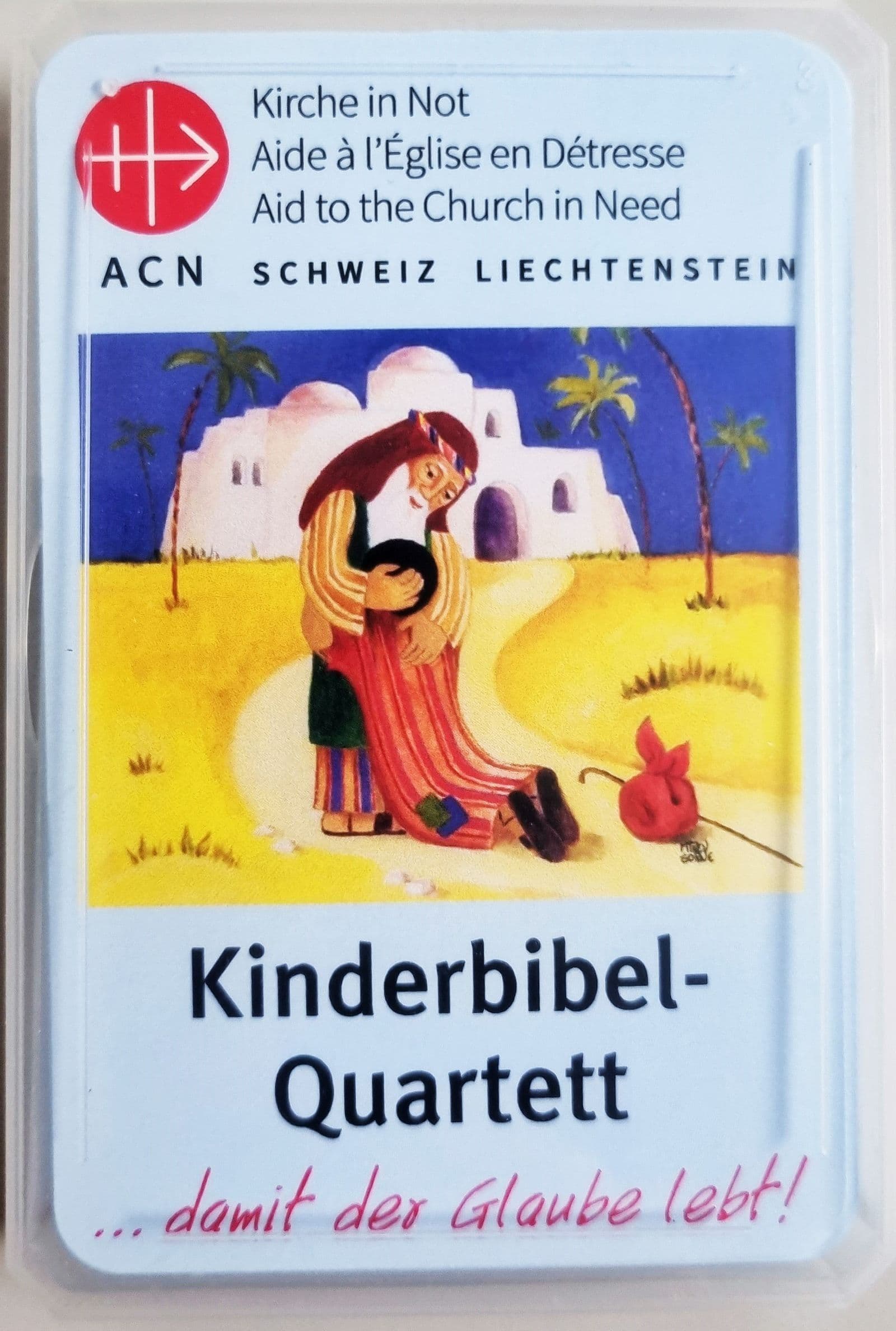Christliches Kinderbibel-Quartett mit illustrierten Kartenmotiven zu biblischen Geschichten, geeignet für gemeinsames Spielen in der Familie. Christliches Kinderbibel-Quartett mit illustrierten Kartenmotiven zu biblischen Geschichten, geeignet für gemeinsames Spielen in der Familie.