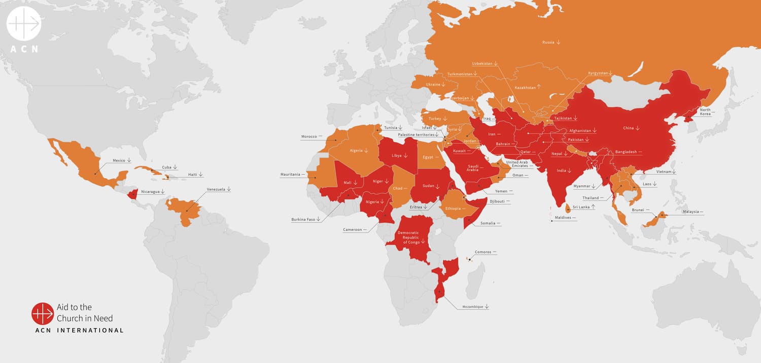 Paesi con violazioni significative della libertà religiosa: rosso per persecuzione, arancione per discriminazione Paesi con violazioni significative della libertà religiosa: rosso per persecuzione, arancione per discriminazione